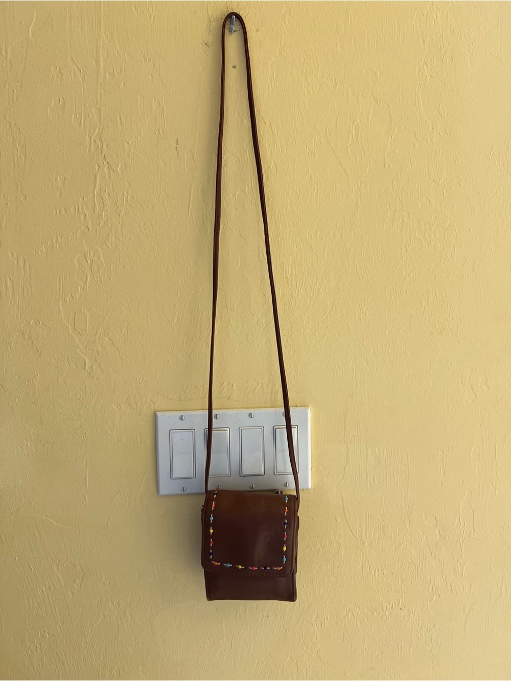 Women’s Brown Leather Crossbody Bag with Multicolor Stitching